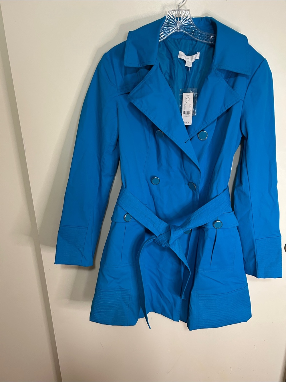 New York & Company Teal-Blue Double-Breasted Trench Coat with Belt